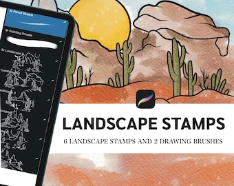 Procreate Landscape Stamps (6 stamps+ 2 sketch brushes), easy cartoon style stamp for iPad.