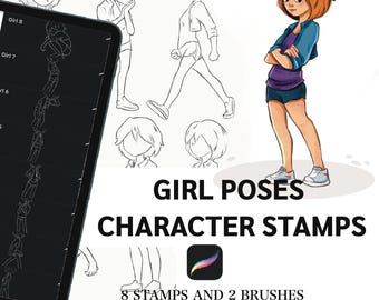 Procreate Stamps for Artists - Cartoon Girl Body Poses Stamp Set (8 Stamps)