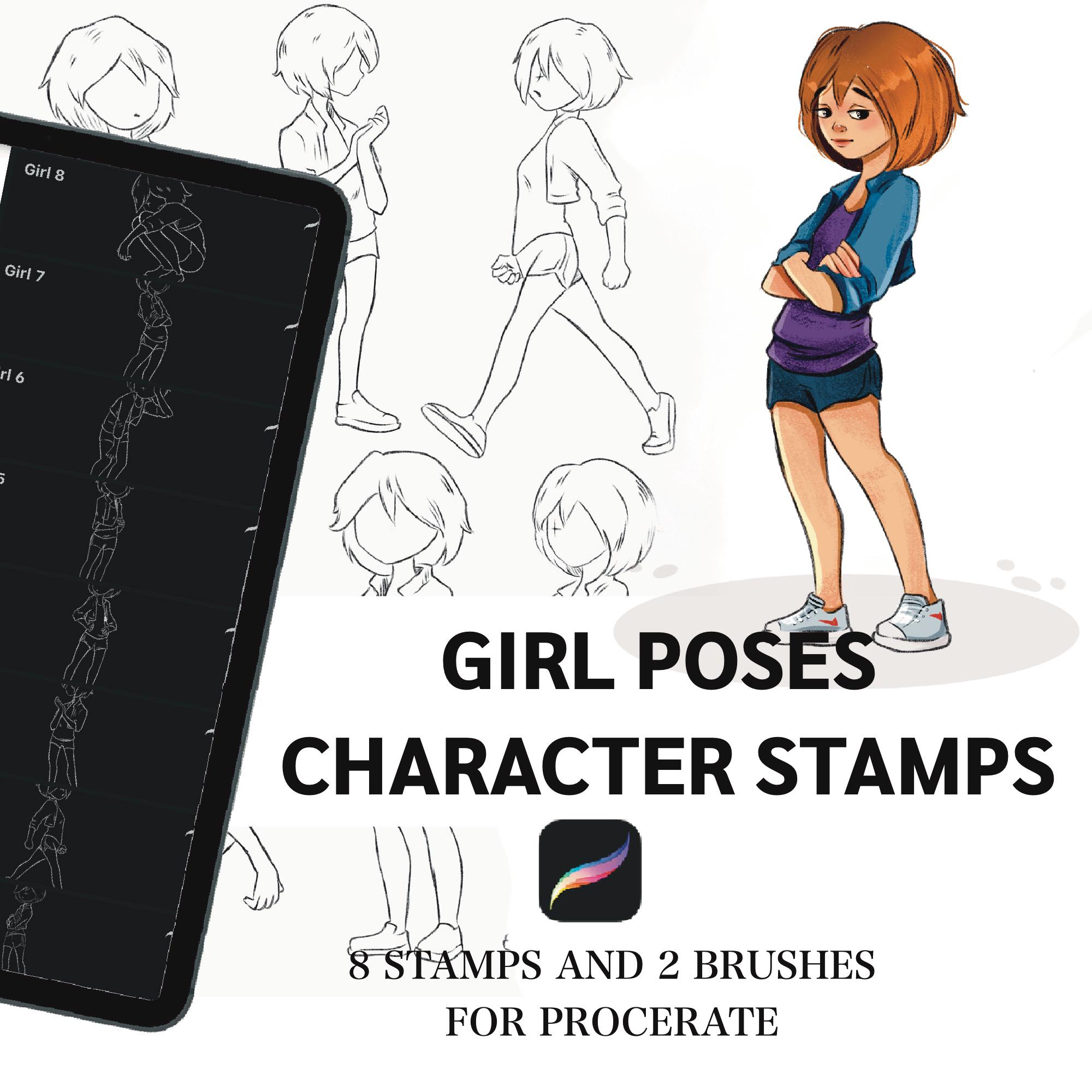 Procreate Stamps for Artists - Cartoon Girl Body Poses Stamp Set (8 ...