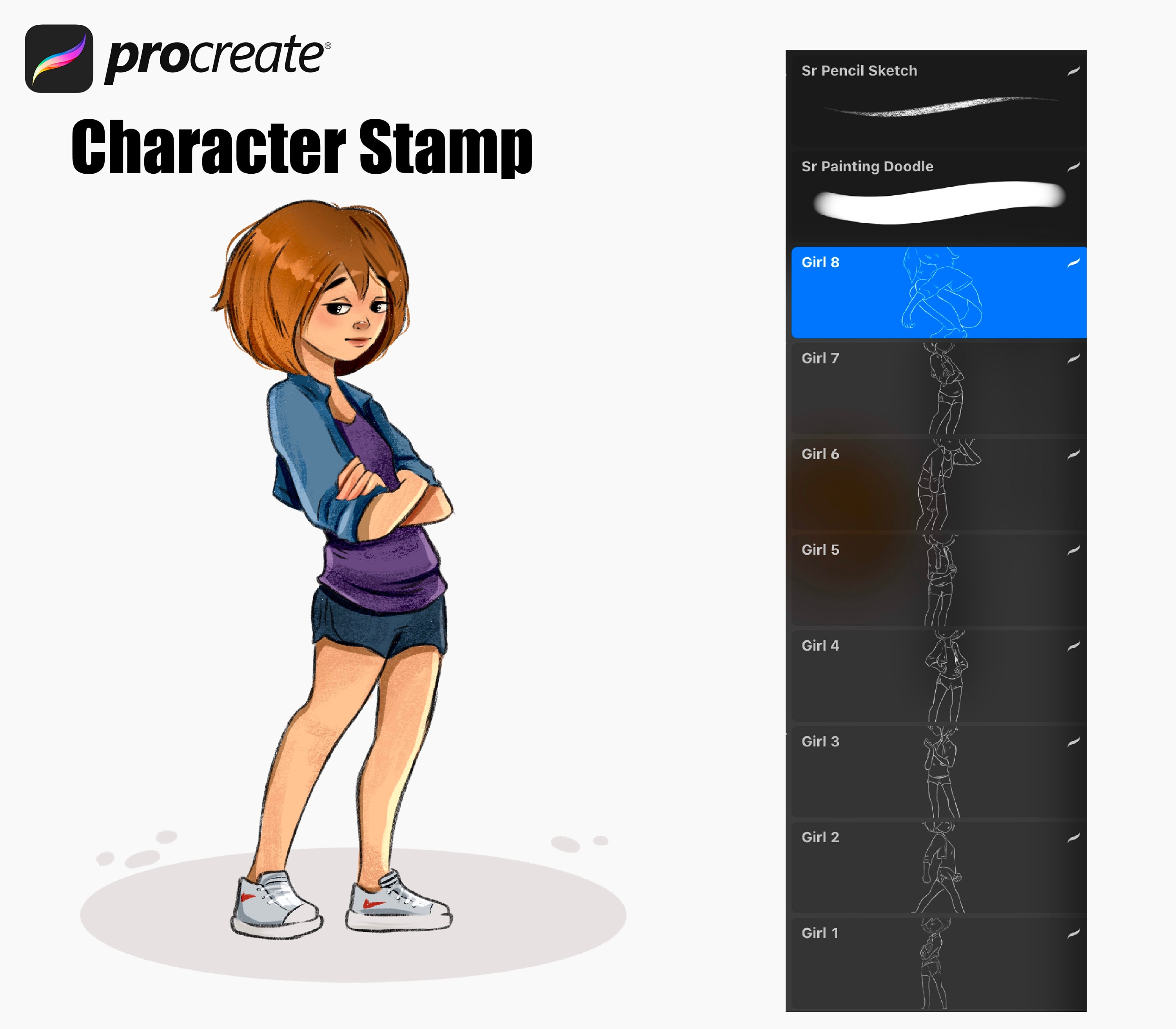 Procreate Stamps for Artists - Cartoon Girl Body Poses Stamp Set (8 ...