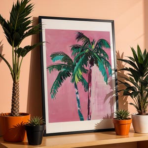 Pink Palm Tree Print, Coastal Boho Decor, Vibrant Palm Printable Art, Beach Aesthetic Poster, Summer Wall Art, Tropical Digital Wall Art