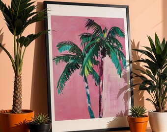 Pink Palm Tree Print, Coastal Beach Art (Digital Download)