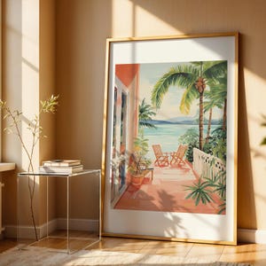 Tropical Beach Digital Download Wall Art, Coastal Patio Print, Ocean View Painting, Palm Tree Decor, Beach House Art, Summer Vacation Print