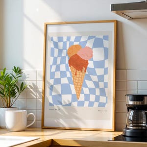 Retro Ice Cream Cone Art Print, Modern Checkered Wall Art, Wall Decor for Kids Room, Nursery, Kitchen, Dining Room, Printable Wall Art
