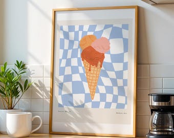 Retro Ice Cream Cone Print, Checkered Kitchen Wall Art (Digital Download)