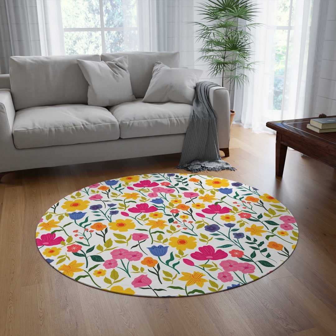 Colourful Spring Floral Circle Rug, Round Floral Area Rug, Modern ...