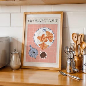 Coffee and Croissants Breakfast Illustration Wall Art Print, Parisian Breakfast, Wall Art for Cafe, Kitchen, Bar, Modern Kitchen Decor