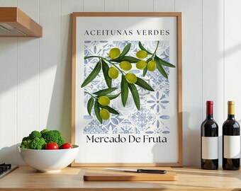 Arte de pared con ramas de olivo, decoración de cocina española, impresión de aceitunas verdes, arte de azulejos mediterráneos, póster de cocina rústica, descarga digital, regalo para amantes de la comida