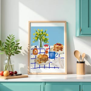 Pfannkuchen Frühstück Wandkunst Aquarell Brunch Druck Französisch Café Küche Dekor Ahornsirup & Erdbeere Stillleben Digital Download