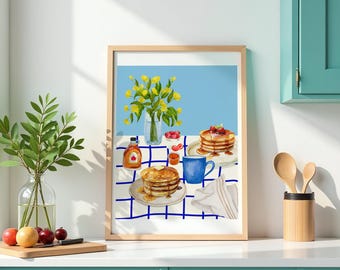 Stampa artistica ad acquerello con pancake per colazione, decorazione da cucina per caffè francese (download digitale)