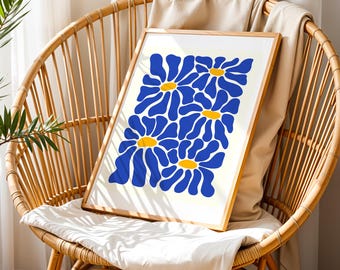 Blue Daisy Floral Art Print, Abstract Botanical Poster (Digital Download)
