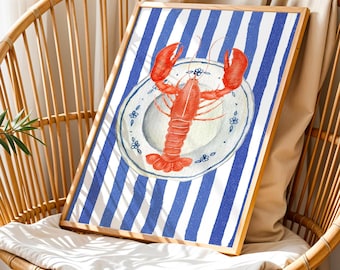 Coastal Lobster Print, Nautical Kitchen Wall Art, Red Lobster, Blue Stripes (Digital Download)