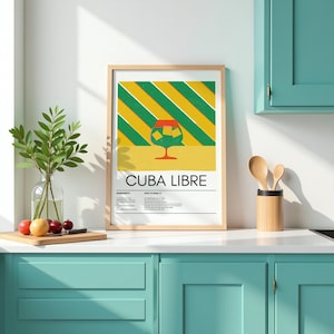 Retro Cuba Libre Cocktail Wall Art, Colourful Digital Print, Mid-Century Modern Bar Decor, Printable Wall Art, Tropical Drink Recipe
