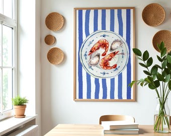 Shrimp and Oyster Watercolor Print, Coastal Kitchen Art (Digital Download)