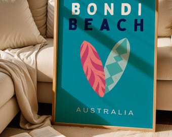 Bondi Beach Wall Art Digital Download Surfboard Coastal Print Modern Beach Decor Australia Travel Poster Tropical Art Printable
