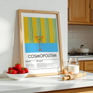 Cosmopolitan Cocktail Art Print, Digital Download, Retro Cocktail Poster, Cocktail Recipe Art, Kitchen Wall Art, Housewarming Gift