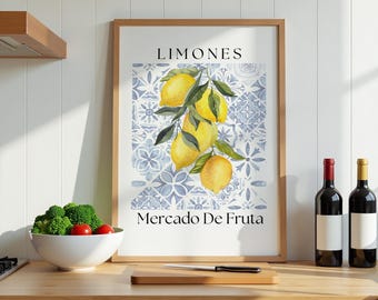 Lemon Kitchen Print, Spanish Tile, Mediterranean Watercolor Art (Digital Download)