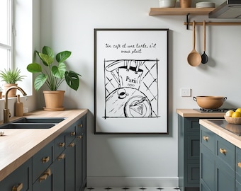 Print Paris Cafe, Franse bistro zwart-witte lijntekeningen (digitale download)