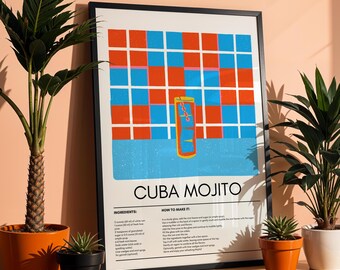 Kuba Mojito Koktajl Ścienny Sztuka, Żywy Cyfrowy Pobieranie w 5 Rozmiarach, Nowoczesny Koktajl Mid-Century Wydruk Do Wystroju Kuchni lub Baru