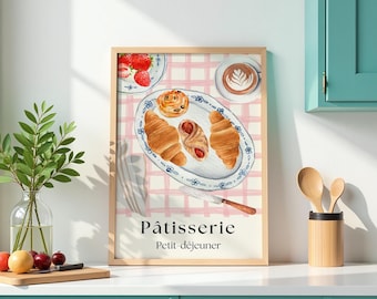 French Patisserie Print: Watercolor Croissant, Pastry, and Coffee (Digital Download)