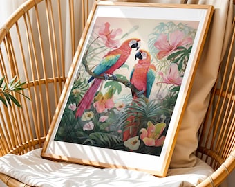 Tropical Parrot Wall Art, Macaw Bird Print, Jungle Floral Art, Digital Download, Exotic Animal Decor, Colourful Nature Art, Bird Lover Gift