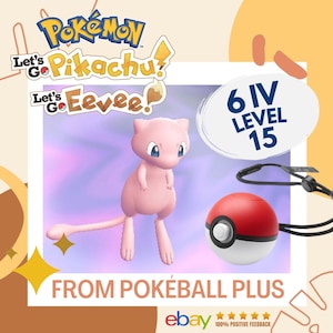 Peut inclure: Un personnage Pokémon Eevee rose des jeux vidéo Pokémon Let's Go Pikachu et Let's Go Eevee. L'Eevee est debout sur un fond violet. L'Eevee est un Pokémon 6 IV de niveau 15. L'Eevee provient d'un Poké Ball Plus.