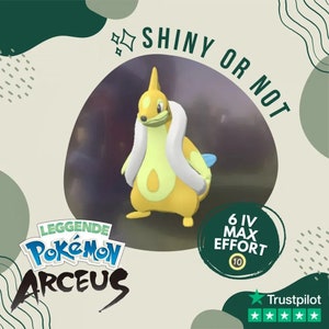 May include: A yellow and white Pokemon character with a white collar, standing on a light brown background. The text "Shiny or Not" is in a white circle with a green border. The text "6 IV Max Effort 10" is in a white circle with a green border. The text "Leggenda Pokemon Arceus" is in a white circle with a green border.