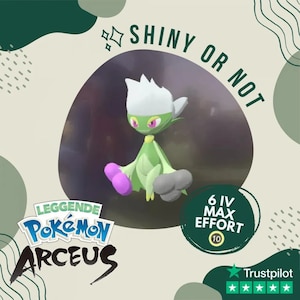 May include: A green and white Pokemon character from the Pokemon Legends: Arceus video game. The character is sitting on a cloud-like object. The image also includes the text "Shiny or Not" and "6 IV Max Effort 10".