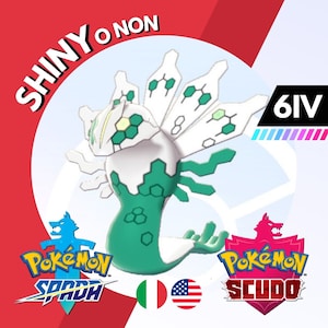 Könnte beinhalten: Ein grünes und weißes Pokémon mit dem Text "SHINY O NON 6IV" auf rotem Hintergrund. Das Pokémon stammt aus den Videospielen Pokémon Schwert und Schild. Der Text "Pokémon SPADA" und "Pokémon SCUDO" ist ebenfalls sichtbar.