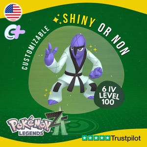 May include: A digital illustration of a purple and white character in a karate uniform. The image includes text that says "Shiny or Non" and "Customizable". The character is in front of a green background with the text "Pokémon Legends Z" and the American flag.
