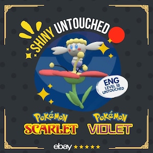May include: Shiny, pink and white Pokémon Sprigatito, level 18, untouched, in a Poké Ball. The background is a dark blue night sky with stars. The text "Shiny Untouched" is in yellow and white. The text "Pokémon Scarlet" and "Pokémon Violet" is in yellow and purple. The text "ENG Level 18 Untouched" is in white on a red circle. The text "ebay" is in white with five stars.