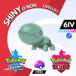 Może przedstawiać: Zielony i biały Pokemon, Rockruff, jest pokazany w środku obrazu. Pokemon pochodzi z gier wideo Pokemon Sword and Shield. Tekst "Shiny o non" i "Livello 1" jest pokazany w lewym górnym i prawym górnym rogu obrazu. Tekst "6IV" jest pokazany w prawym górnym rogu obrazu. Tekst "FREE" jest pokazany w dolnym środku obrazu.