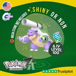 Puede incluir: Ilustración digital de un Pokémon Blastoise en colores púrpura, verde y beige. La imagen incluye el texto "Shiny or Non", "6 IV Level 100" y el logotipo de Pokémon Legends. El fondo es verde.