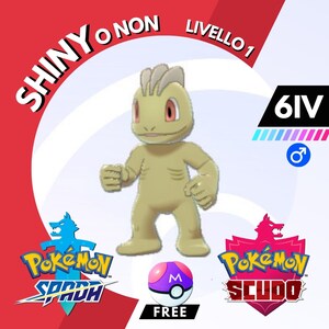May include: A digital illustration of a green and brown Pokemon character with red eyes. The character is standing on a white background with the text "SHINY O NON" and "LIVELLO 1" in a red circle. The text "6IV" is in a black rectangle with a blue and pink stripe. The text "Pokemon Spada" and "Pokemon Scudo" are in blue and red circles with a wolf logo. The text "FREE" is below a Pokeball with an "M" on it.