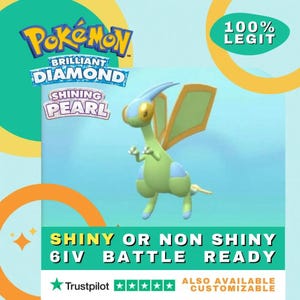 Puede incluir: Un personaje Pokémon verde y azul con alas, sobre un fondo de círculos coloridos. El texto "Pokémon Diamante Brillante Perla Reluciente" está en la parte superior de la imagen. El texto "Shiny o No Shiny 6IV Listo para la Batalla" está en la parte inferior de la imagen. El texto "100% Legit" está en un círculo en la parte superior derecha de la imagen. El texto "Trustpilot" y cinco estrellas están en la parte inferior izquierda de la imagen. El texto "También Disponible Personalizable" está en la parte inferior derecha de la imagen.