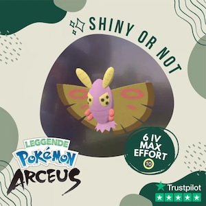 May include: A purple and yellow Pokemon with large wings, against a background with the text "Shiny or Not" and "6 IV Max Effort". The Pokemon is from the game "Pokemon Legends: Arceus".