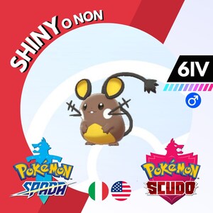 Könnte beinhalten: Ein braun-gelber Cartoon-Maus-Charakter mit schwarzen Akzenten und einem langen Schwanz. Das Bild enthält den Text "SHINY O NON" und "6IV" sowie die Logos für "Pokémon Schwert" und "Pokémon Schild". Das Bild zeigt auch die italienische und amerikanische Flagge.