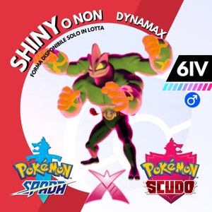 Könnte beinhalten: Ein grünes und oranges Pokémon-Charakter mit einem rosa Gürtel, der auf einem weißen Hintergrund steht. Der Text "SHINY O NON" und "DYNAMAX" befinden sich in einem Kreis um den Charakter. Der Text "FORMA DISPONIBILE SOLO IN LOTTA" befindet sich unter dem Kreis. Der Text "6IV" befindet sich in der oberen rechten Ecke des Bildes. Der Text "Pokémon SPADA" und "Pokémon SCUDO" befinden sich in der unteren linken und rechten Ecke des Bildes.