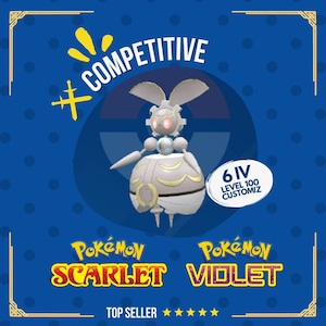 Pode incluir: Uma ilustração digital de um personagem Pokémon branco e dourado com um olho rosa. O personagem está em pé sobre um fundo azul com bolinhas brancas. O texto "#COMPETITIVE" está no canto superior esquerdo. O texto "6 IV LEVEL 100 CUSTOMIZ" está no canto superior direito. O texto "Pokemon SCARLET VIOLET" está no centro inferior da imagem. O texto "TOP SELLER" está abaixo do personagem Pokémon.