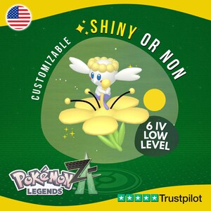 May include: A digital graphic featuring a cartoon character with a white body, blue eyes, and a yellow flower. Text includes "SHINY OR NON", "CUSTOMIZABLE", and "6 IV LOW LEVEL". The image has a green and yellow background with the "Pokemon Legends Z" logo.