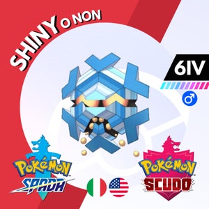 May include: A blue and white Pokemon, called a  "Shiny"  is shown in the center of the image. The Pokemon is surrounded by a red background with the words "SHINY O NON" in white. The Pokemon is also surrounded by a blue background with the words "6IV" in white. The Pokemon is also surrounded by two logos, one for Pokemon Sword and one for Pokemon Shield.
