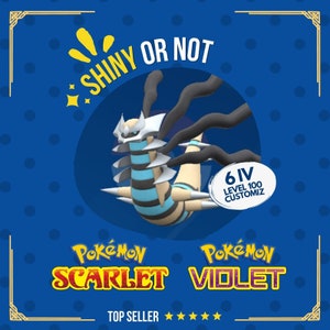 Pode incluir: Um cartão de jogo Pokemon Escarlate e Violeta azul e branco com um desafio de brilhante ou não com um Pokemon 6 IV de nível 100 personalizável. O Pokemon é uma grande criatura com forma de verme multicolorido com uma coroa na cabeça. O cartão tem um fundo azul com pontos brancos e uma borda dourada.