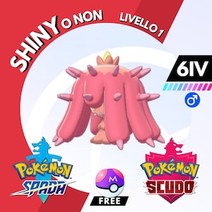 May include: A pink and white Pokemon character with a crown on its head. The character is from the Pokemon Sword and Shield video games. The image also includes the text "Shiny o non", "Livello 1", "6IV", and "Free".