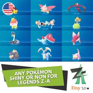 Peut inclure: Plusieurs figurines Pokémon aux couleurs et designs variés, sur fond bleu. L'image comprend un drapeau américain et le texte : "ANY POKÉMON SHINY OR NON FOR LEGENDS Z-A."