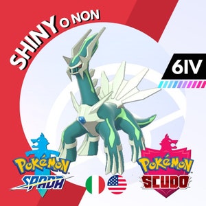 May include: A green and white Pokemon character, known as  "Shiny or Non", with a blue and white Pokemon Sword logo and a pink and white Pokemon Shield logo. The text "6IV" is in the upper right corner of the image.