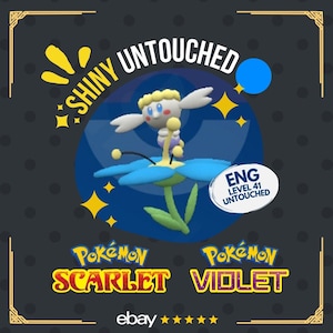 May include: Shiny, untouched, level 41 English language Sprigatito from Pokemon Scarlet and Violet video games. The Pokemon is shown in a blue and yellow background with stars and a blue circle.