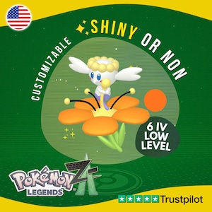 May include: A digital illustration of a cartoon character with white wings, a yellow head, and a flower body. The text reads "Shiny or Non" and "Customizable". The image is set against a green background with the "Pokemon Legends Z" logo.