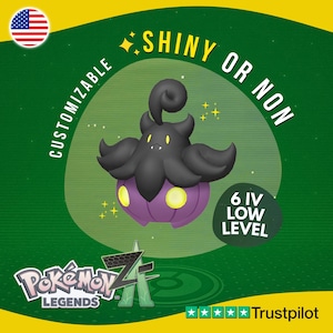May include: A digital illustration of a cartoon character with a black head and purple body. The text reads "Shiny or Non" and "Customizable". The image also includes the text "6 IV Low Level" and the "Pokemon Legends Z" logo.