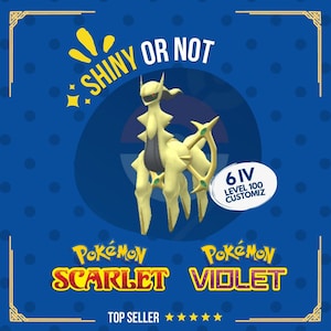 May include: A digital image of a shiny Pokemon, a yellow and black creature with a green bow, against a blue background with white polka dots. The text "Shiny or Not" is at the top of the image. The text "Pokemon Scarlet Violet" is at the bottom of the image. The text "6 IV Level 100 Customiz" is in a white circle with a black border.