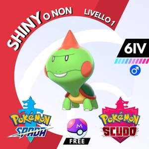 Peut inclure: Un personnage Pokemon vert et rouge avec une carapace orange à pointes. Le Pokemon se tient sur un fond blanc avec le texte "SHINY O NON" et "LIVELLO 1" dans un cercle rouge. Le texte "6IV" est dans un rectangle noir avec une bande bleue et rose. Le texte "FREE" est dans un rectangle blanc sous un Poké Ball avec une lettre "M" dessus. Le texte "Pokemon SPADA" est dans un rectangle bleu avec un loup blanc et une épée. Le texte "Pokemon SCUDO" est dans un rectangle rouge avec un loup blanc et un bouclier.